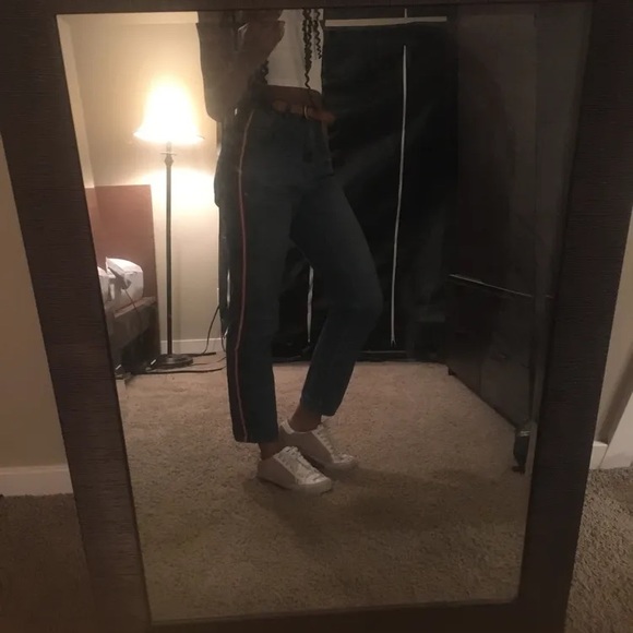 Straight High Rise Jeans w/ Stripes - Picture 3 of 4